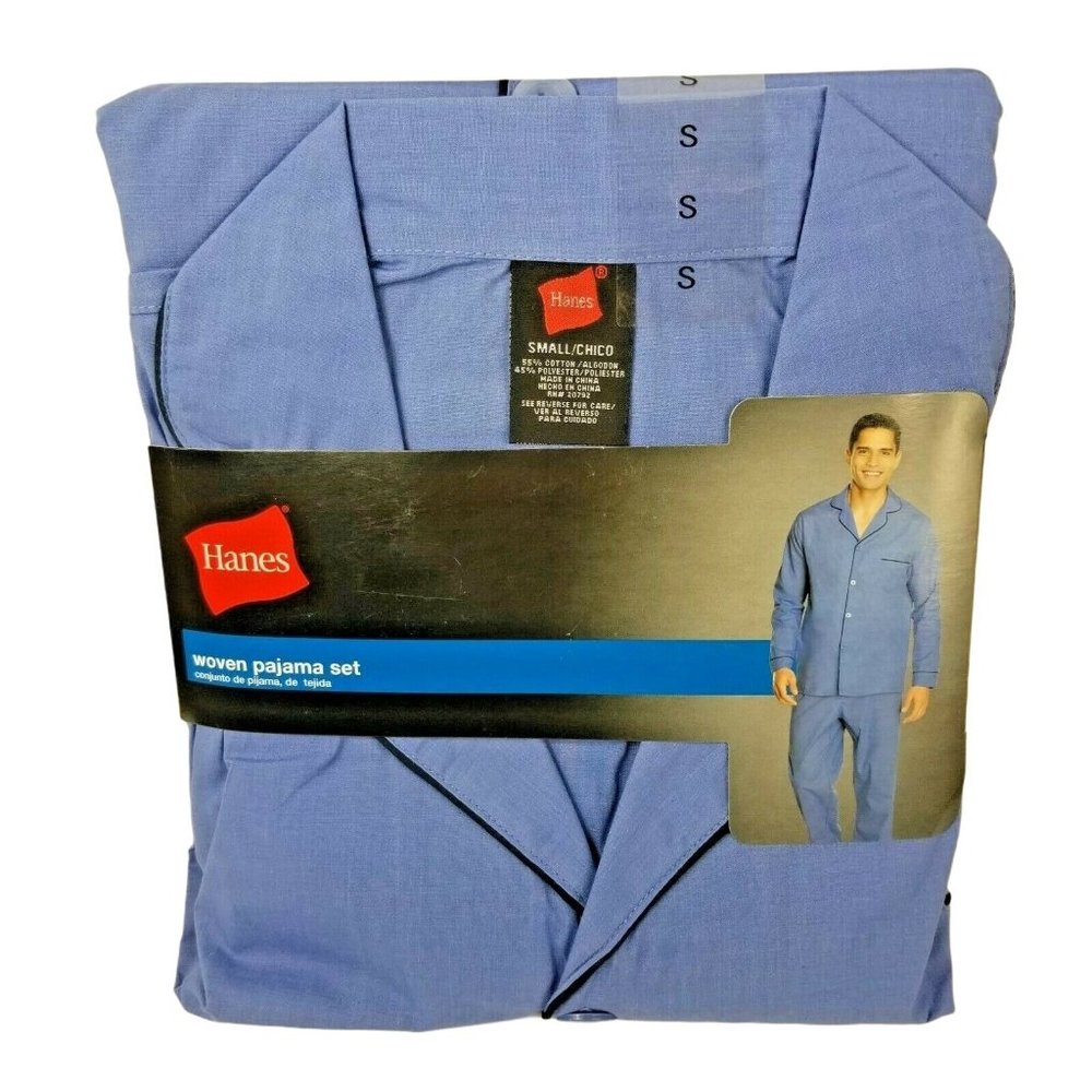 Hanes Mens Woven Pajama Set Size Small Blue Long Sleeve Shirt Top Pants New